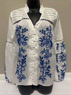 alivia Helena Embroidered White Peasant Blouse with Blue Floral Detail some L
